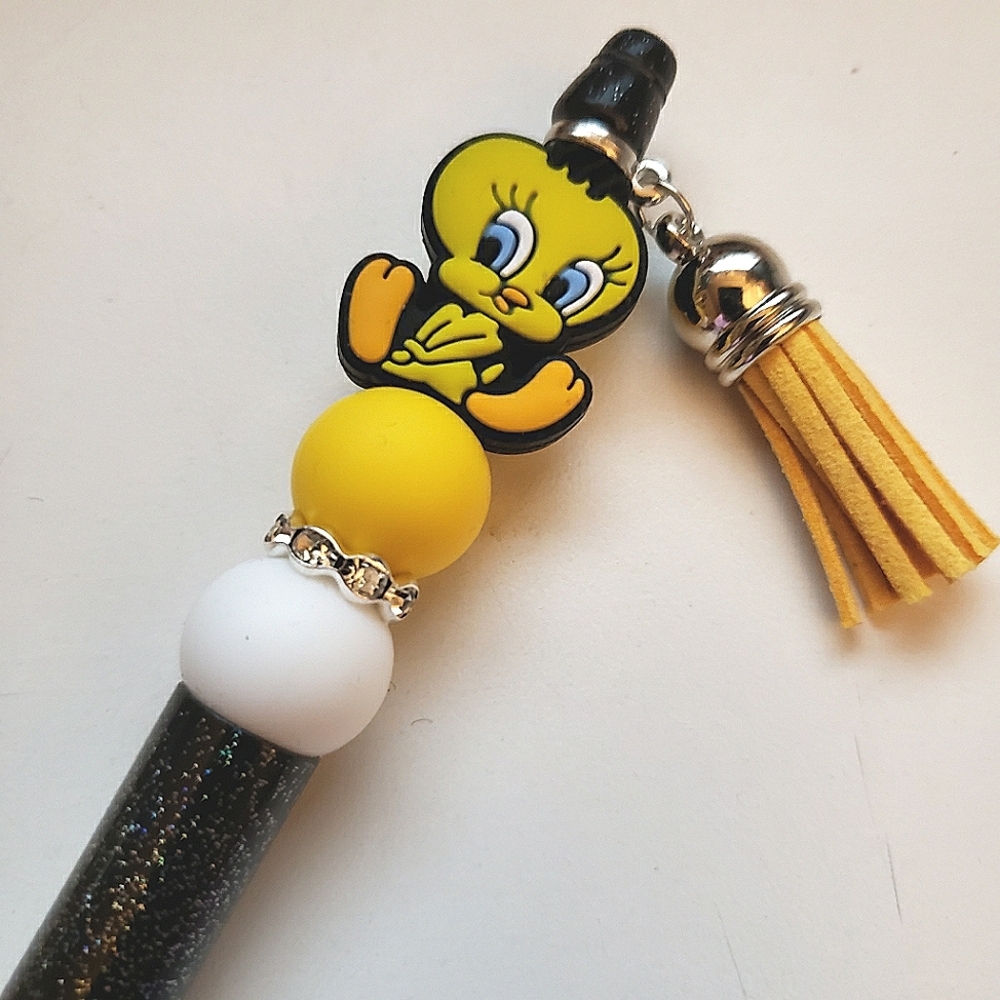 Handmade Tweety Bird Beaded Silicone Focal Bead Glitter Pen